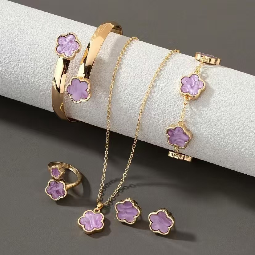 Clover Jewelry Set Wind Necklace Women Earrings Ring Bracelet Bangle