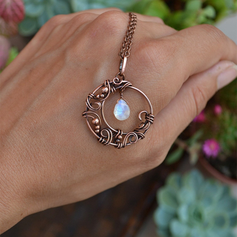 New Hollow Wrapped Red Copper Moon Pendant Small Teardrop Moonstone Necklace