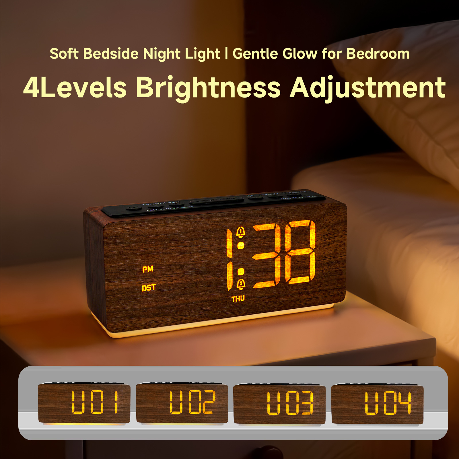 New Nordic Japanese-style wooden alarm clock, wood grain clock, luminous bedside study LED electronic clock