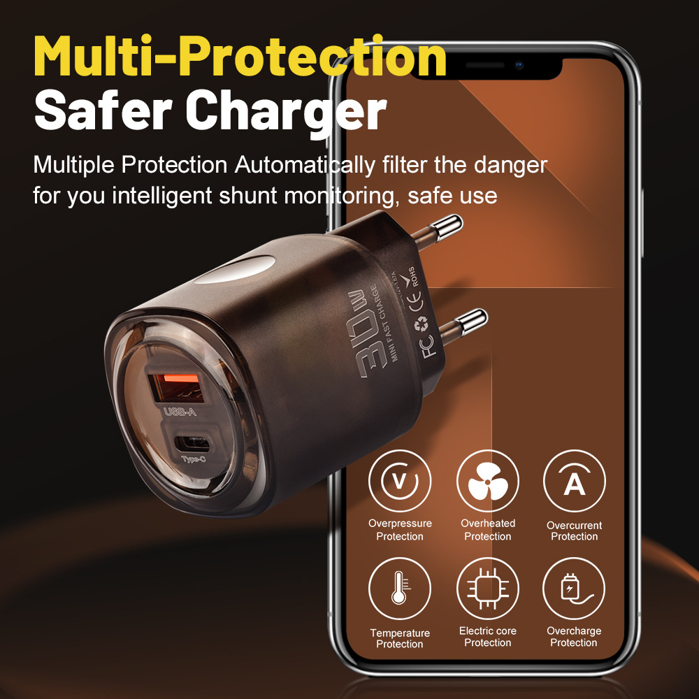 30W USB+Type-C Dual Port Fast Charging Phone Charger PD US/EU Travel Charger