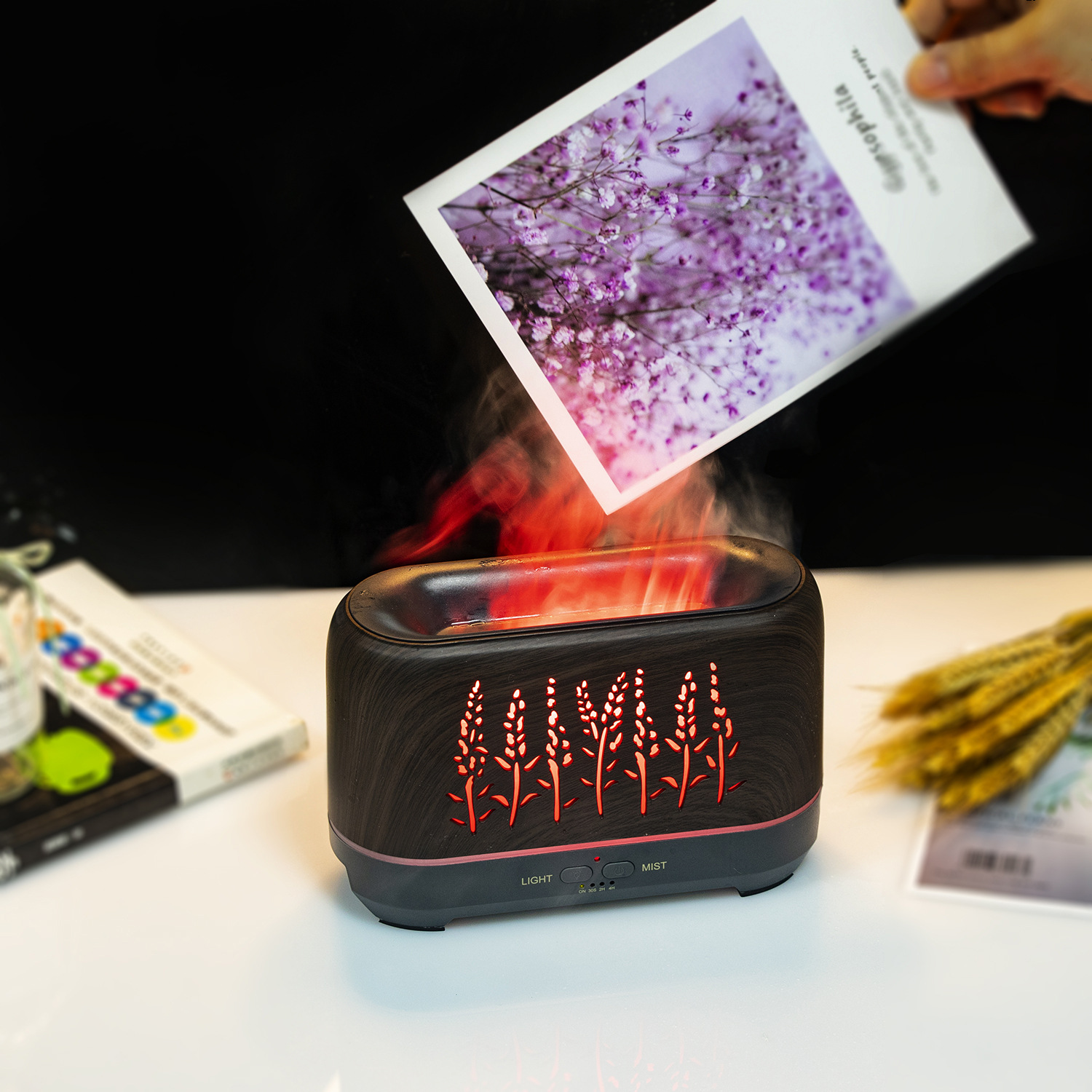 200ml New Product Wood Grain Hollow Wheat Ear Flame Humidifier Home Flame Essential Oil Aromatherapy Diffuser Product