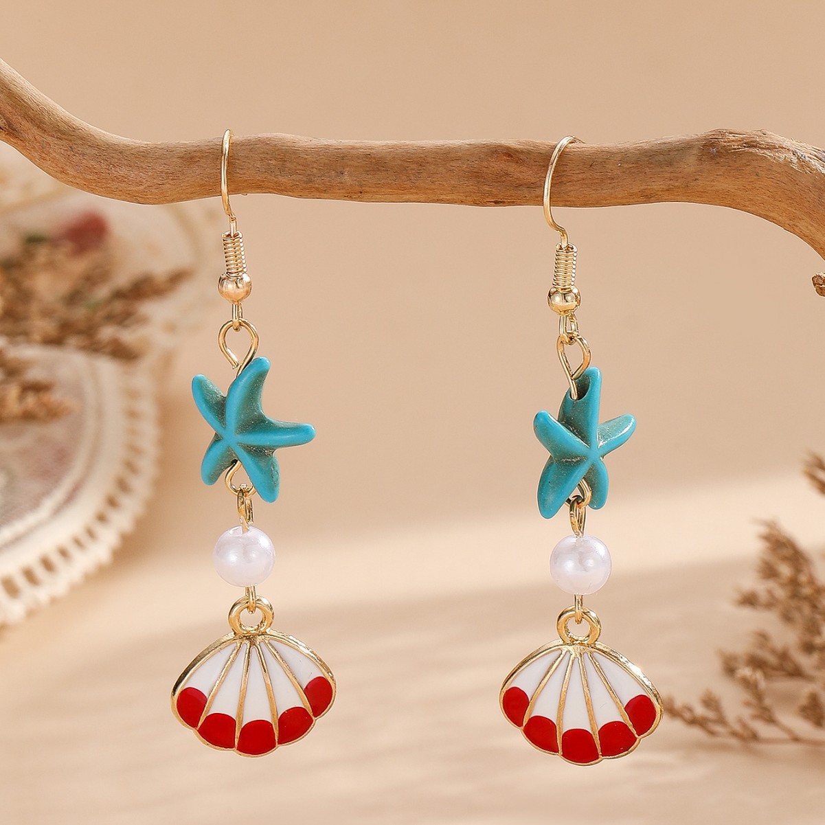 Ocean Style Pearl Starfish Shell Pendant Earrings Simple Turquoise Earrings Women