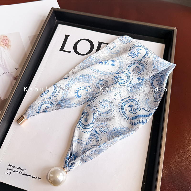New neck protection pearl small silk scarf for women, two-piece set summer long strip magnetic buckle decorative pendant neck scarf simple wrap