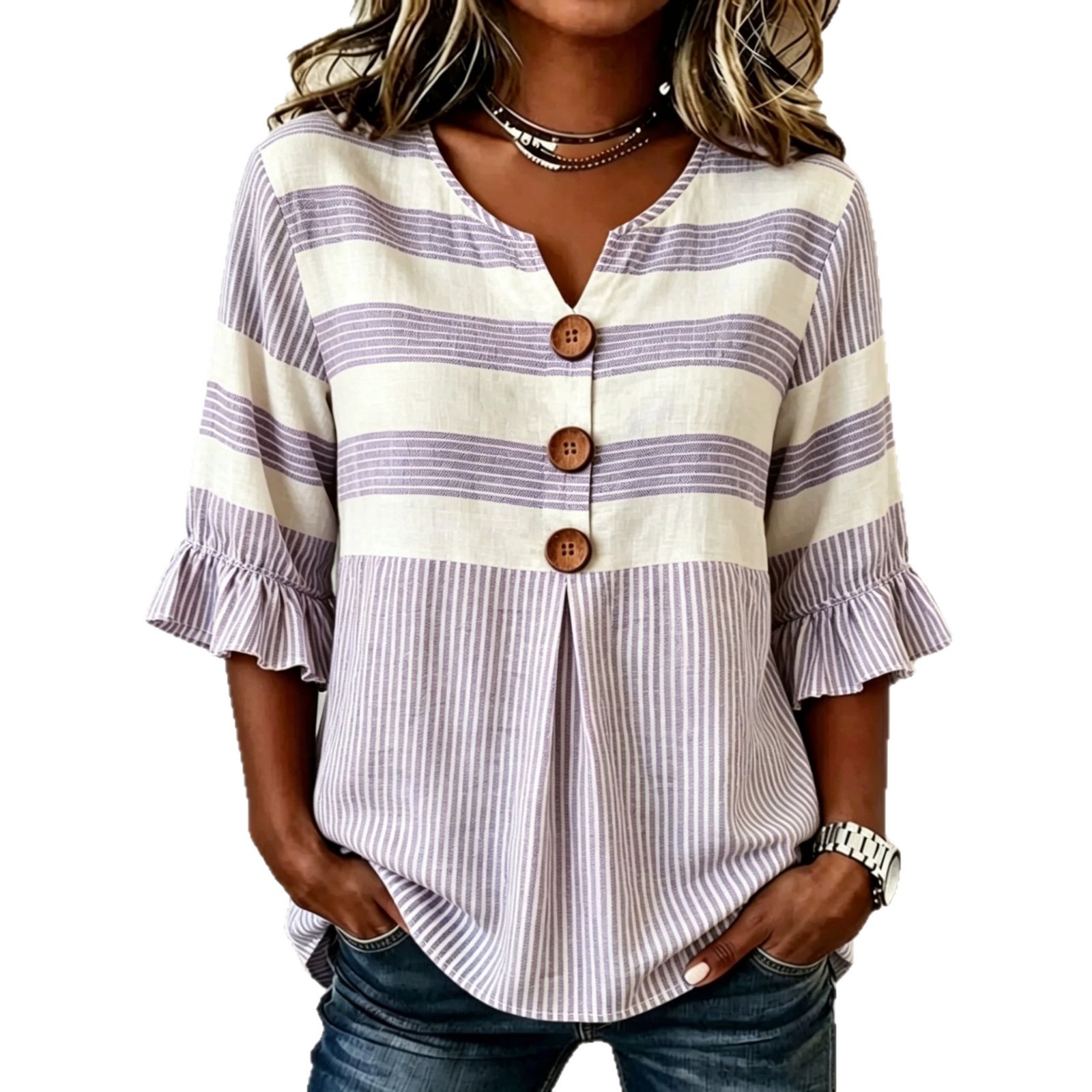 2026 Independent Station Summer New Plaid Striped Print Half Sleeve Button Top