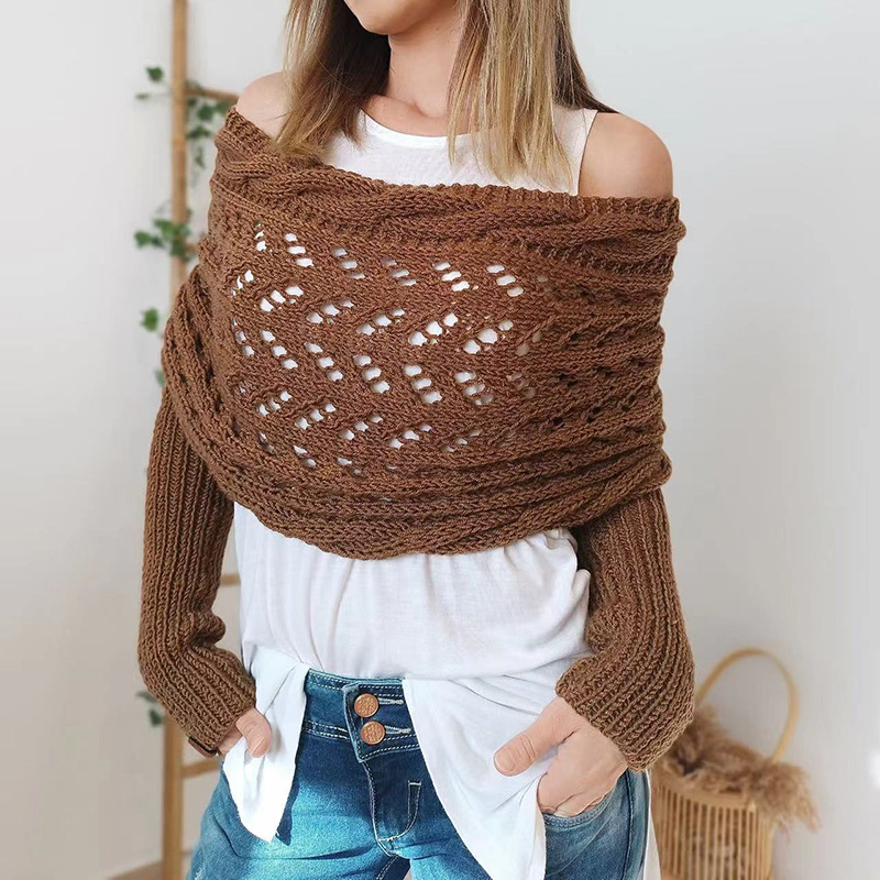 Cross off-shoulder beautiful knitted hollow long-sleeved double-sleeve shawl outer cardigan women