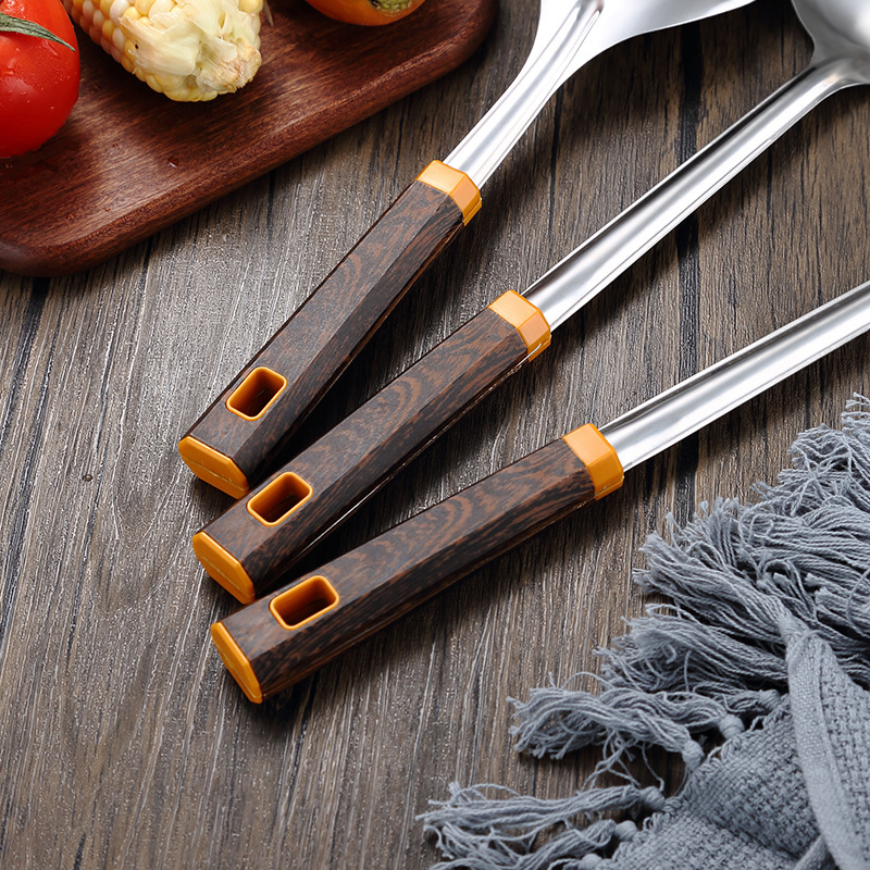 Stainless steel thickened wok spatula soup spoon home kitchen chef cooking anti-scald wok spatula wood grain handle set