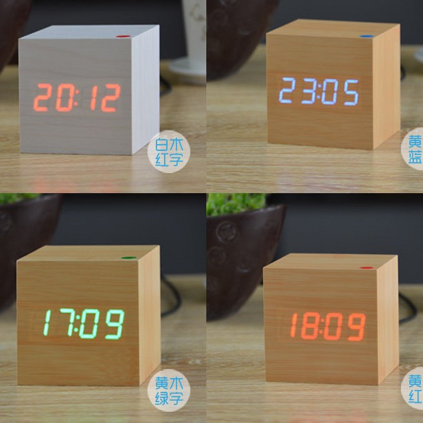 Desk Clock LED Wooden Clock Electronic Clock Mini Square Small Alarm Clock Digital Clock Thermometer Bedside Clock