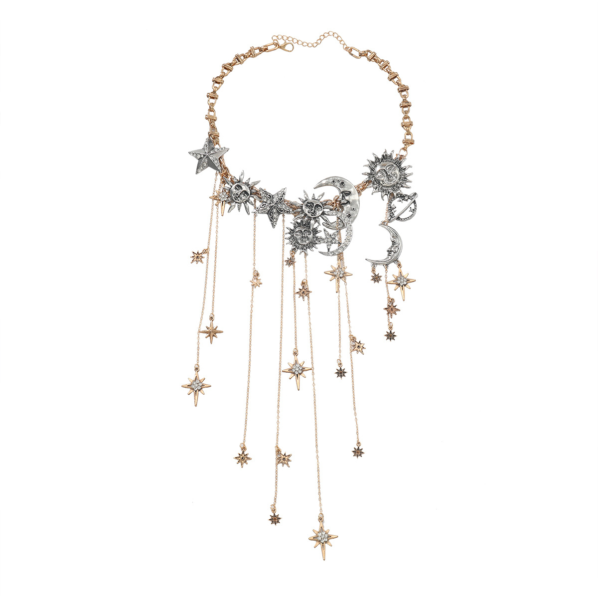 ZA exaggerated big brand multi-layer tassel pendant moon star sun full rhinestone necklace for women bohemian style