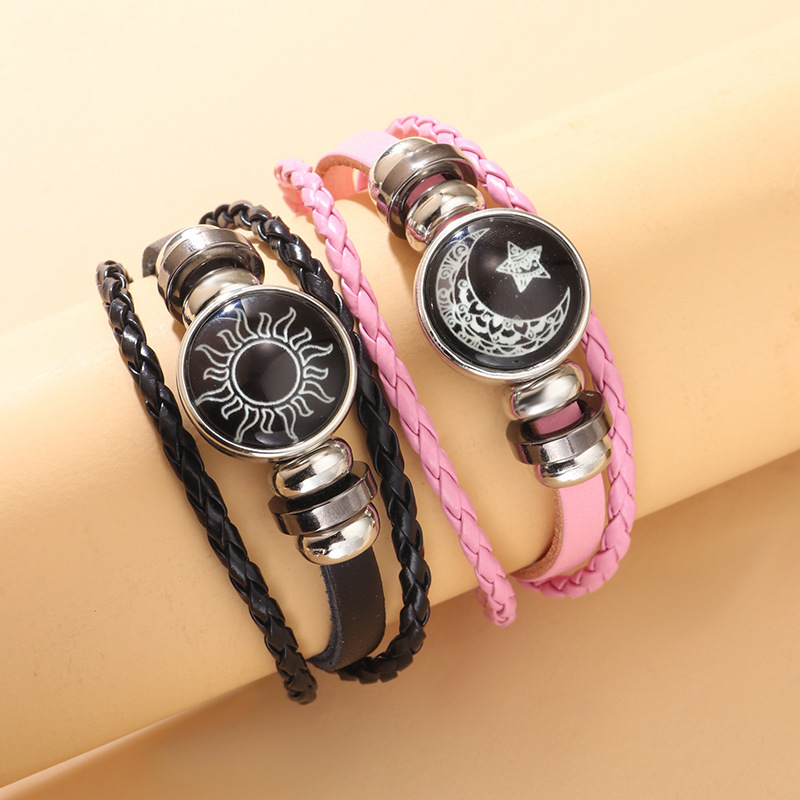 Sun and Moon Lovers Time Leather Bracelet Punk Multi-layer Beaded Woven Bracelet Couple Gift