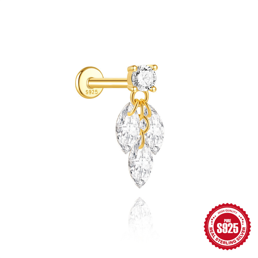 S925 sterling silver geometric diamond-set bow flat head threaded ear bone studs opal earrings ear studs