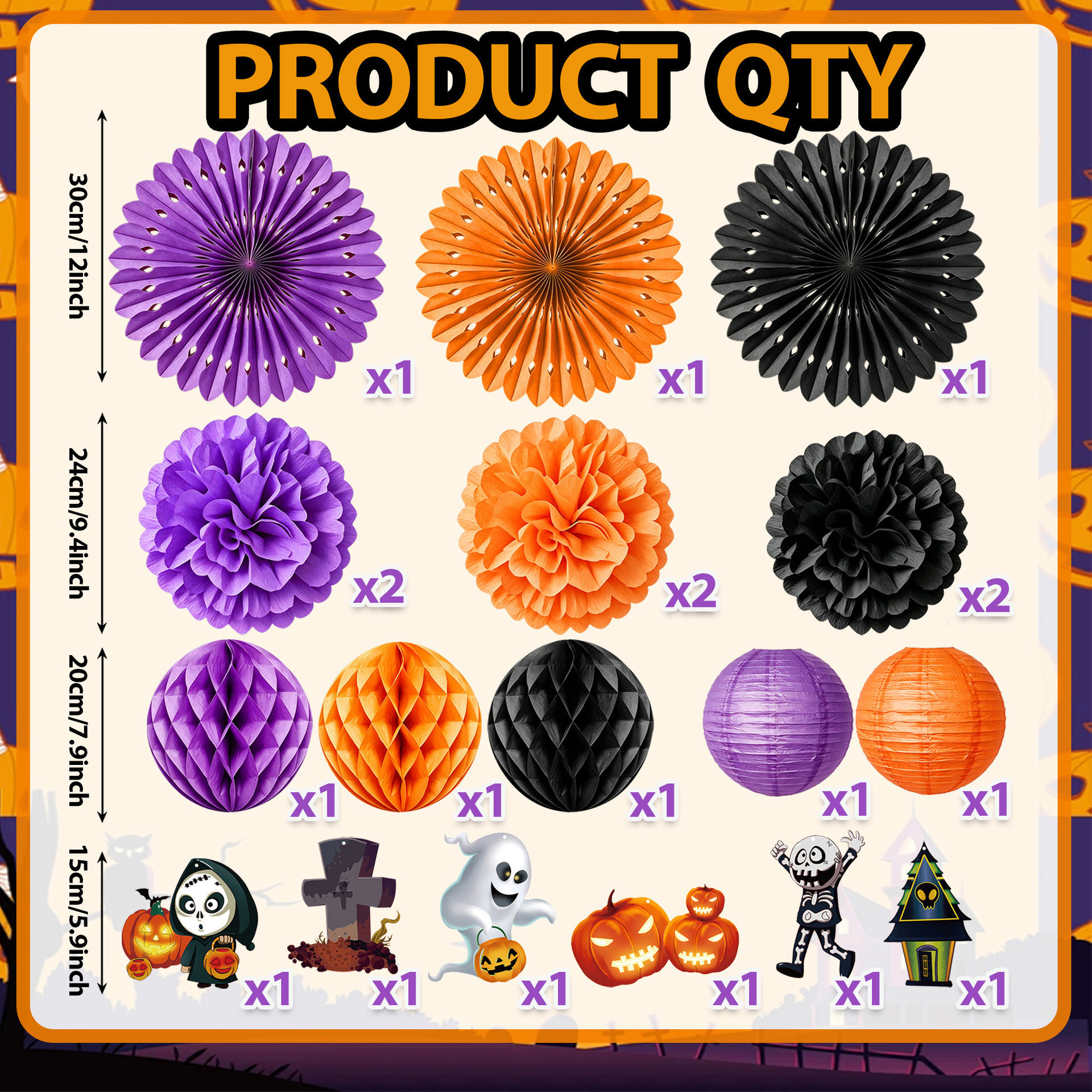 Halloween Ghost Pumpkin Theme Orange Purple Black Color Scheme Hollow Out Paper Fan Paper Flower Ball Scene Decoration Ornaments