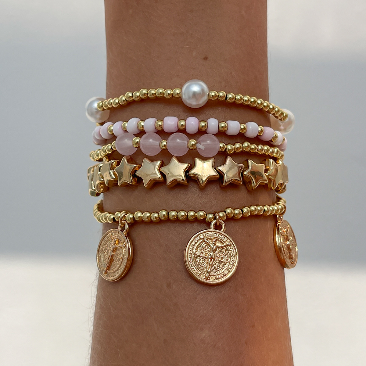 Bohemian five-pointed star beaded elastic bracelet metal tag faux pearl bracelet