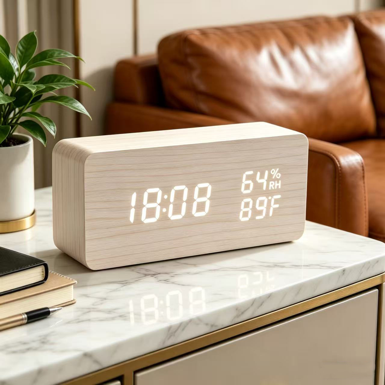 Wooden temperature and humidity clock, digital electronic alarm clock, smart LED temperature digital clock, desktop alarm clock