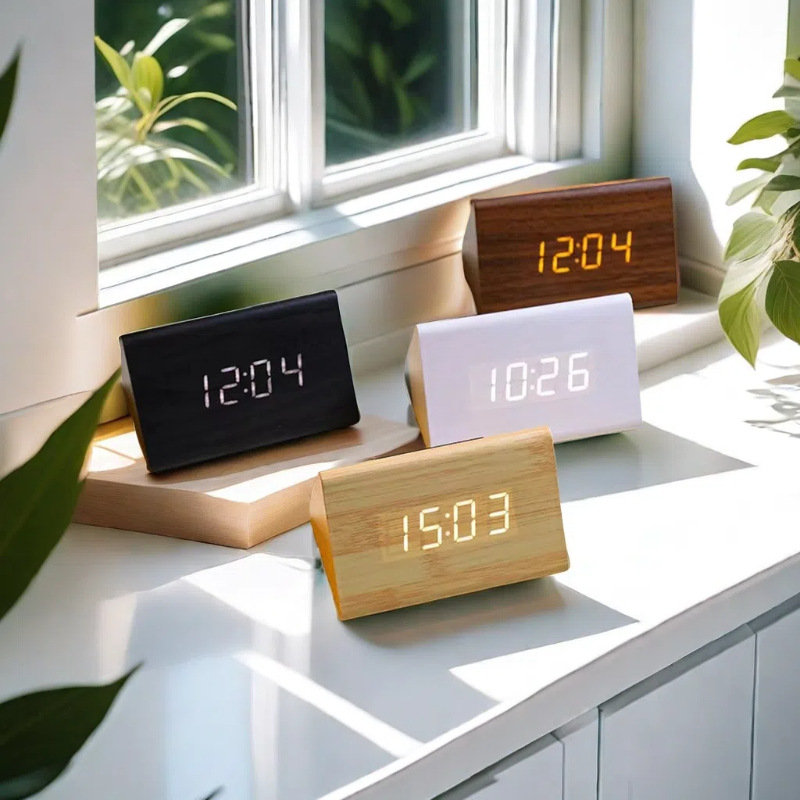 Voice-controlled minimalist wooden office silent multifunctional electronic clock with temperature display, plug-in power, student alarm