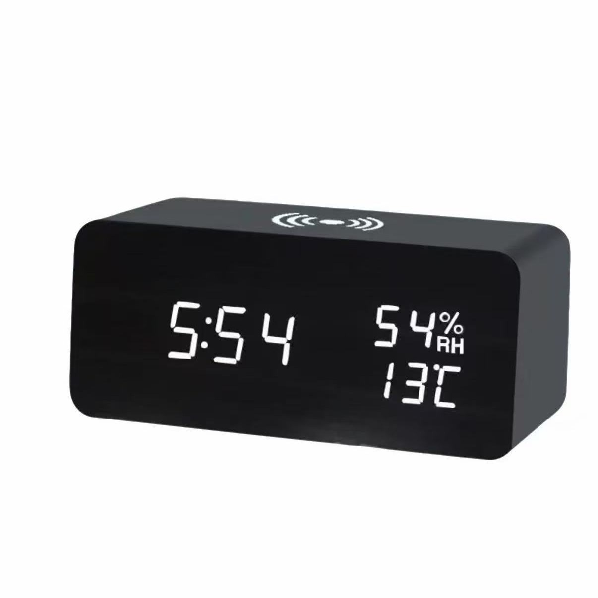 Wireless charging LED clock electronic charging wooden alarm clock, voice-controlled thermometer charging wooden clock perpetual calendar