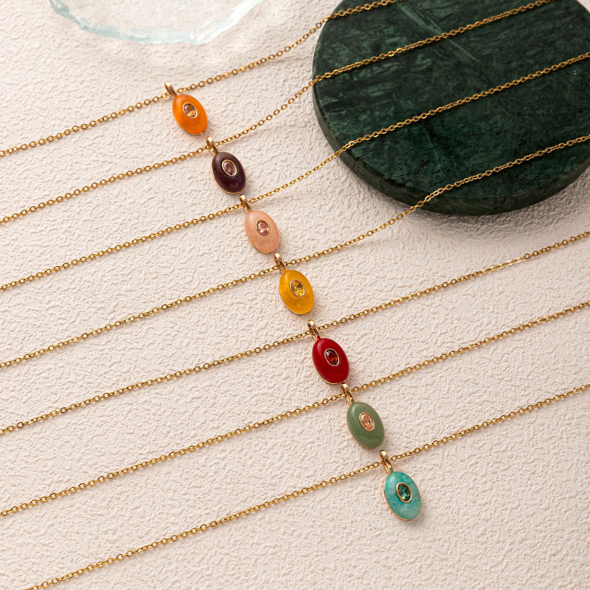 Titanium steel plated 18k gold natural stone rhinestone teardrop necklace multi-color accessory