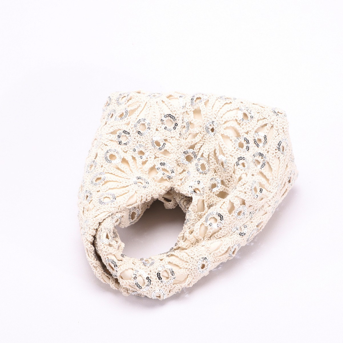 Hollow Crochet Handle Bag Women's Silver Sequins Decoration Twist Bag Handbag Vacation Style Spliced Pleated Bag