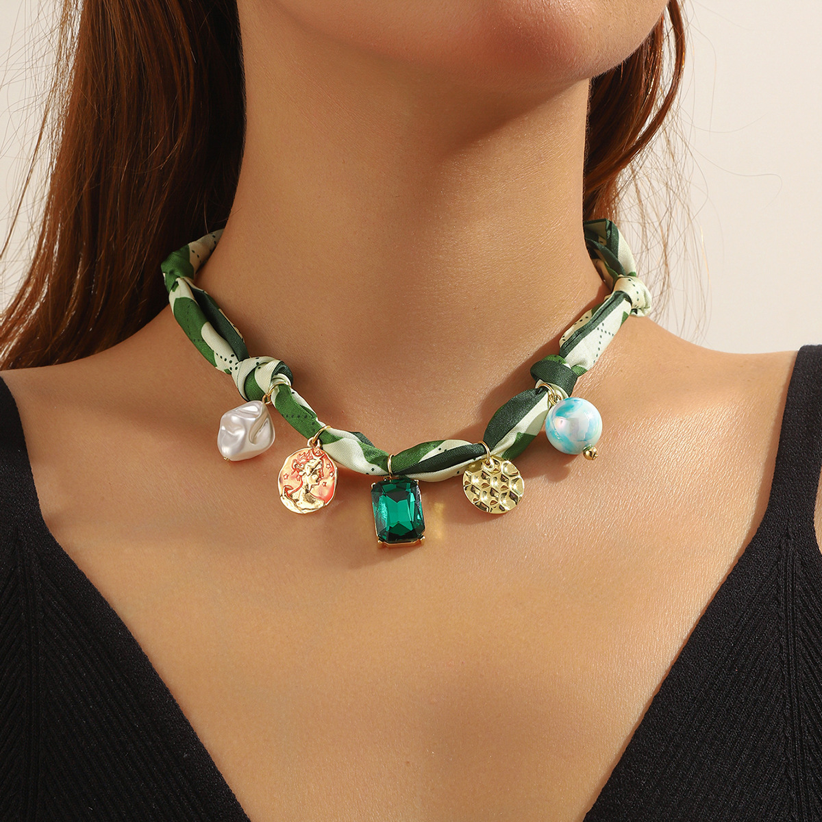 Jewelry long fabric necklace multi-pendant pearl colorful silk scarf necklace