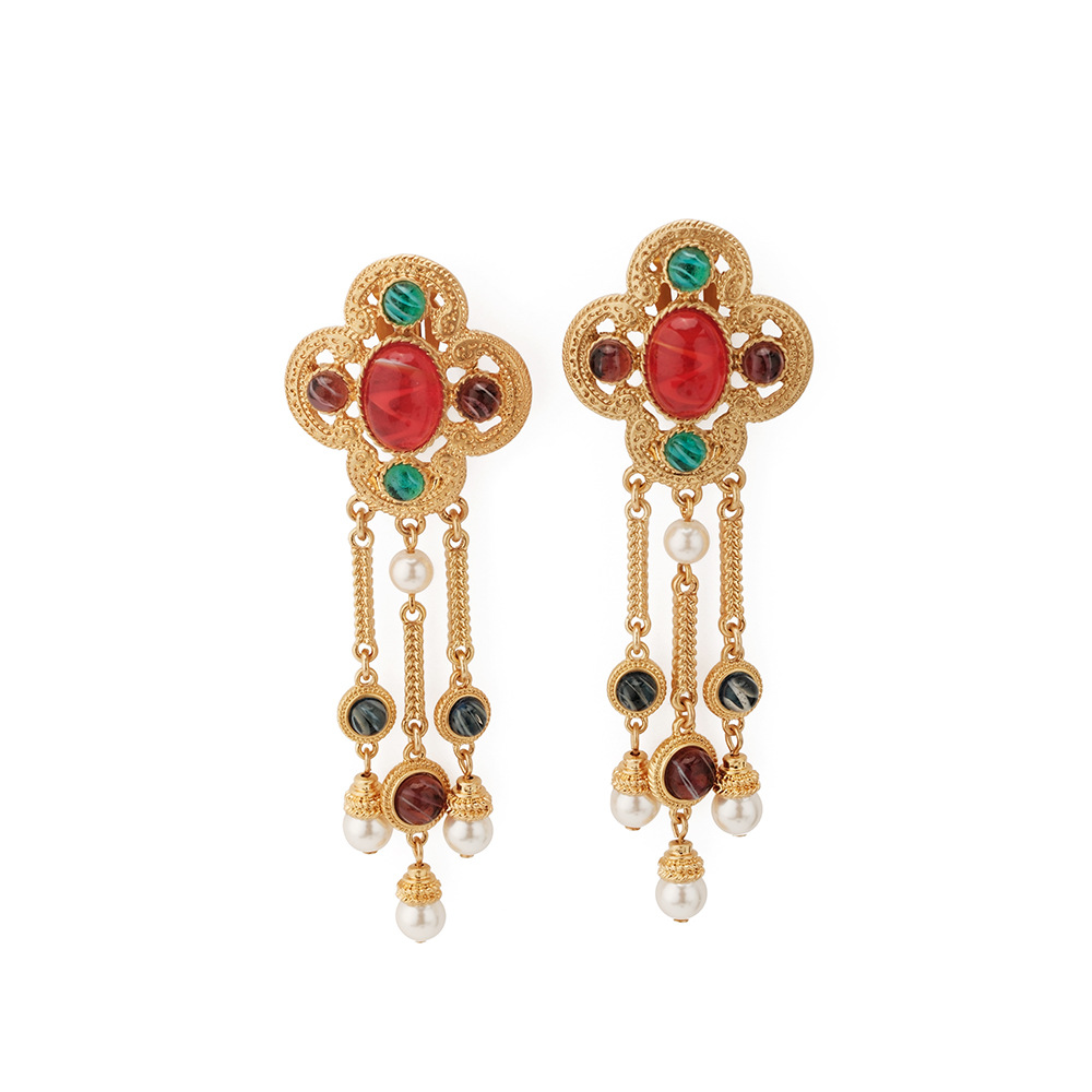Vintage Heavy Craft Window Cutout Hollow Texture Brass Gold Plated Glass High Quality Tassel Earrings Ear Clips for Non-Pierced Ears