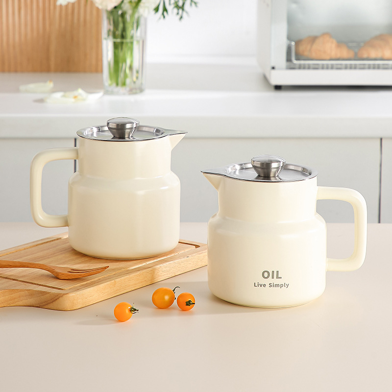 Ceramic Oil Filter Pot, Kitchen Leftover Oil Filter, Large Capacity Oil Storage Pot with Filter, Household Handle Lard Pot with Lid
