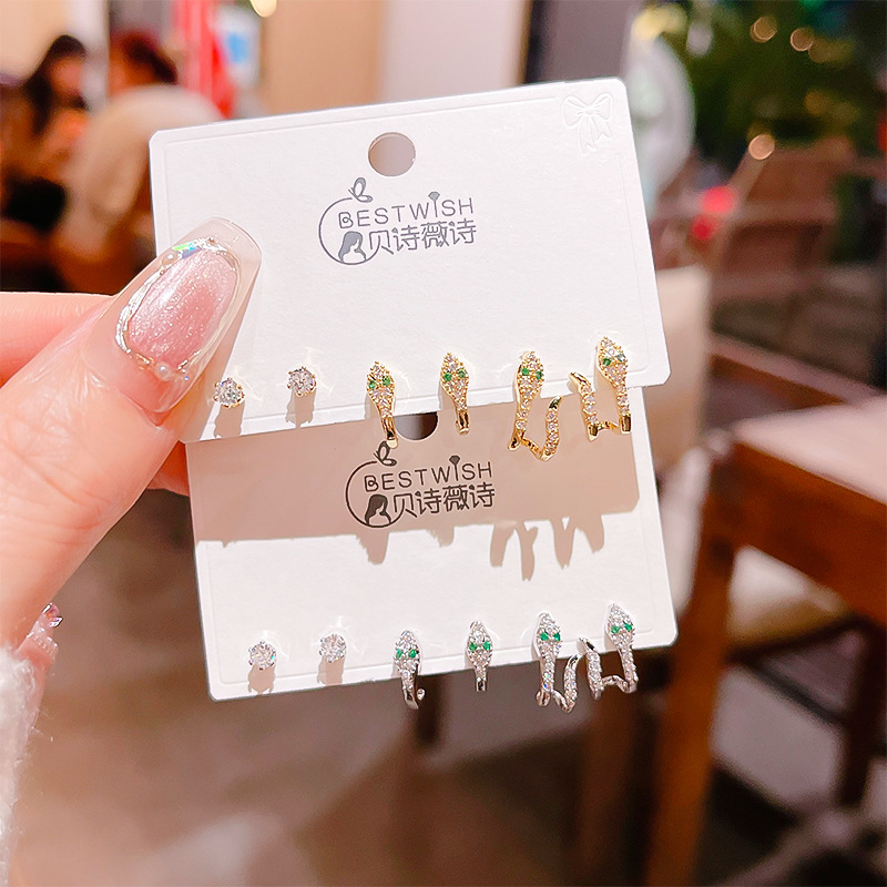 High-quality S925 silver needle zircon 6-piece set small earrings, women's simple three pairs of earrings