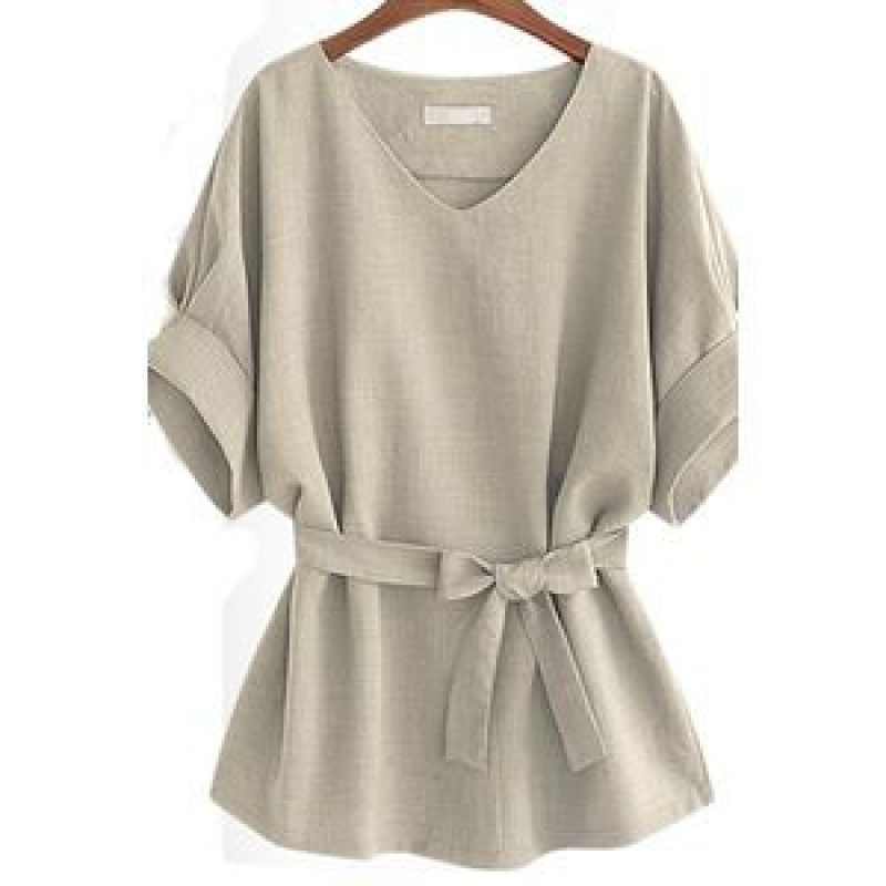 Summer Women's V-neck Linen Short Sleeve Shirt Batwing Sleeve Plus Size Loose Waist Cotton-linen Top