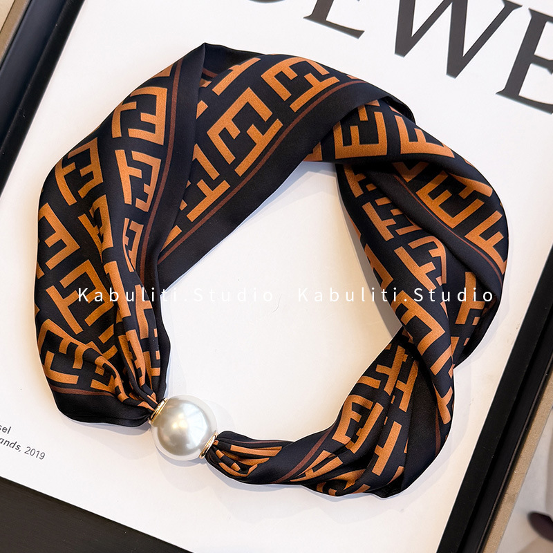Magnetic buckle pearl necklace narrow small long strip silk scarf women neck protection matching shirt neck scarf gauze scarf thin scarf