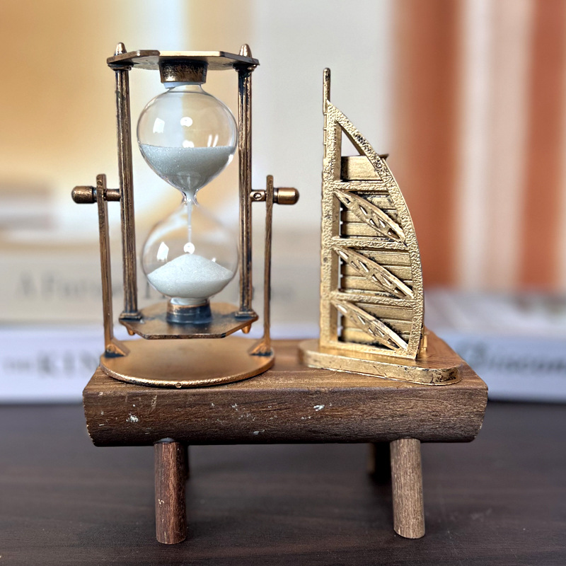 1047 Iron Tower Hourglass Ornament Simple Modern Home Study Wooden Base Hourglass Ornament