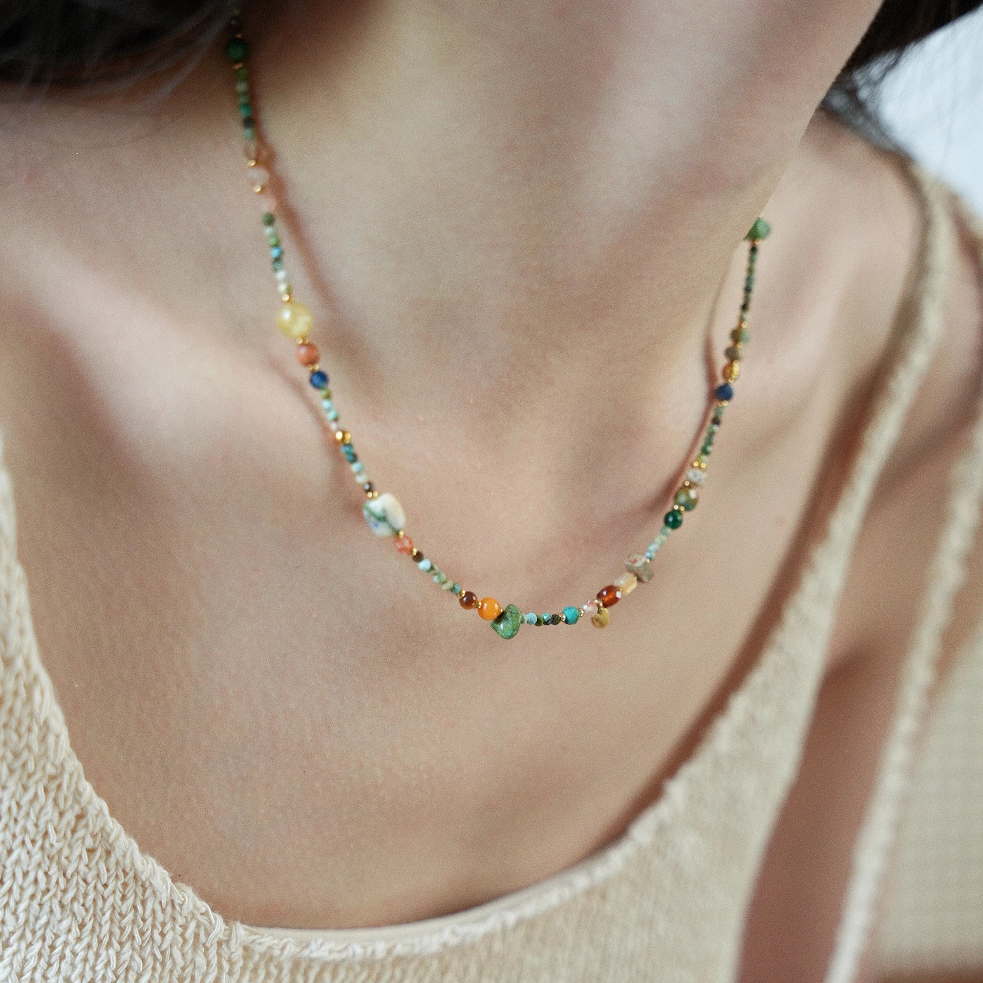 「Oakmoss Green」Original Chinese-style natural raw turquoise multi-gem necklace for women, wind collarbone chain accessory