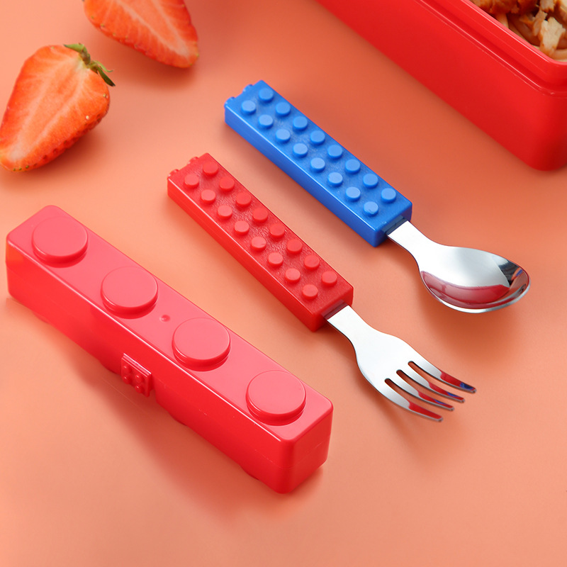 Baby stainless steel cutlery set, portable small spoon, fun children's puzzle building block fork and spoon set