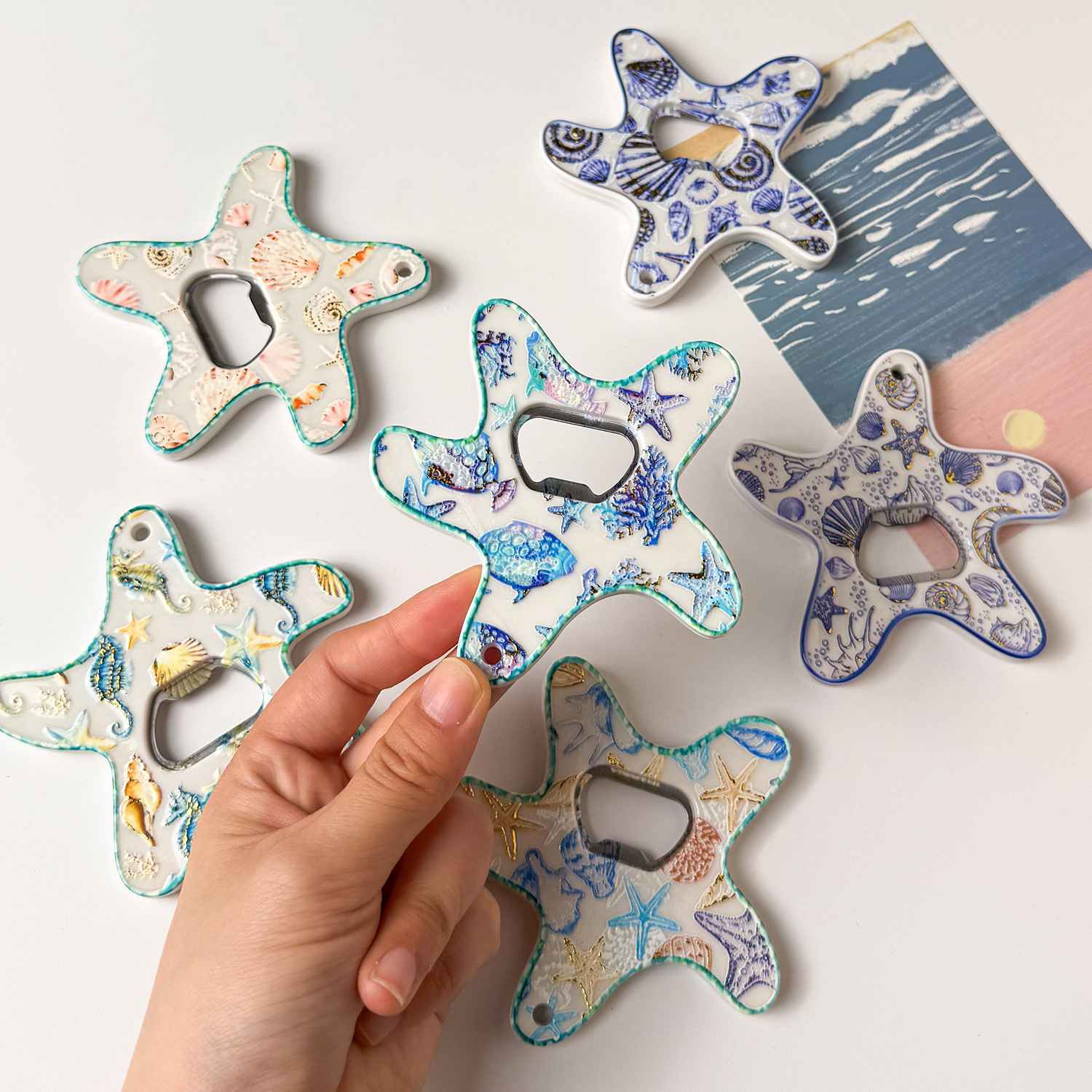 Ocean Series Starfish Fridge Magnet Bottle Opener Unique Embossed Gold Foil Process Ocean Fridge Magnet