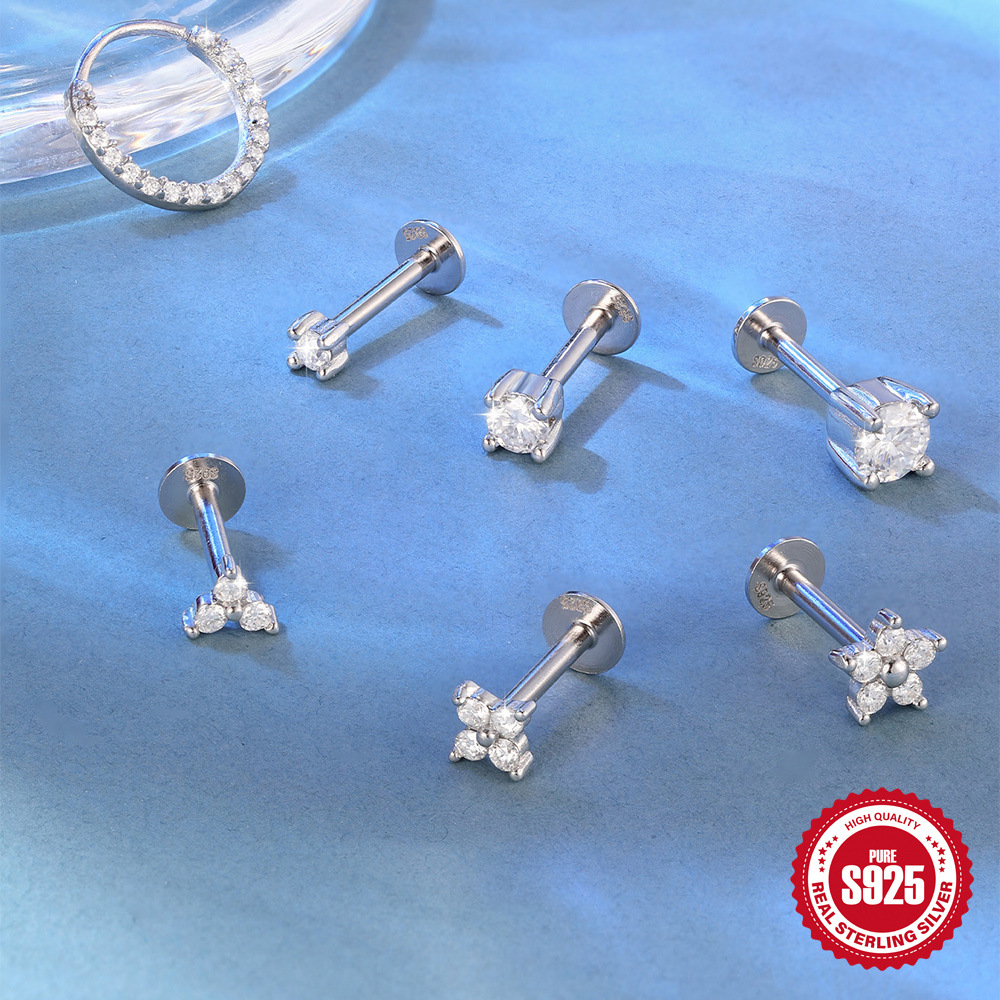 New S925 sterling silver four-claw moissanite flat head threaded cartilage ear stud ear bone stud