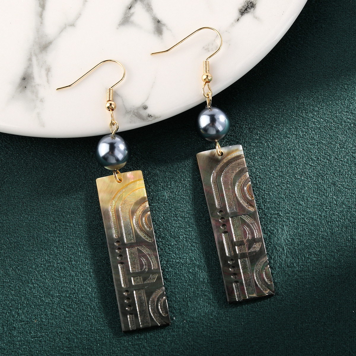 Black Shell Carved Long Strip Earrings Etsy Natural Mother of Pearl Pearl Drop Earrings