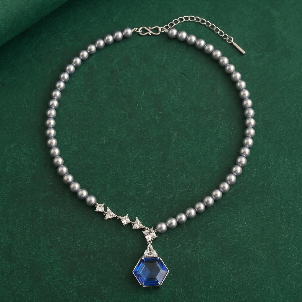 Qingdao vintage cool-toned aquamarine gray pearl set geometric cut necklace and earrings two-piece set