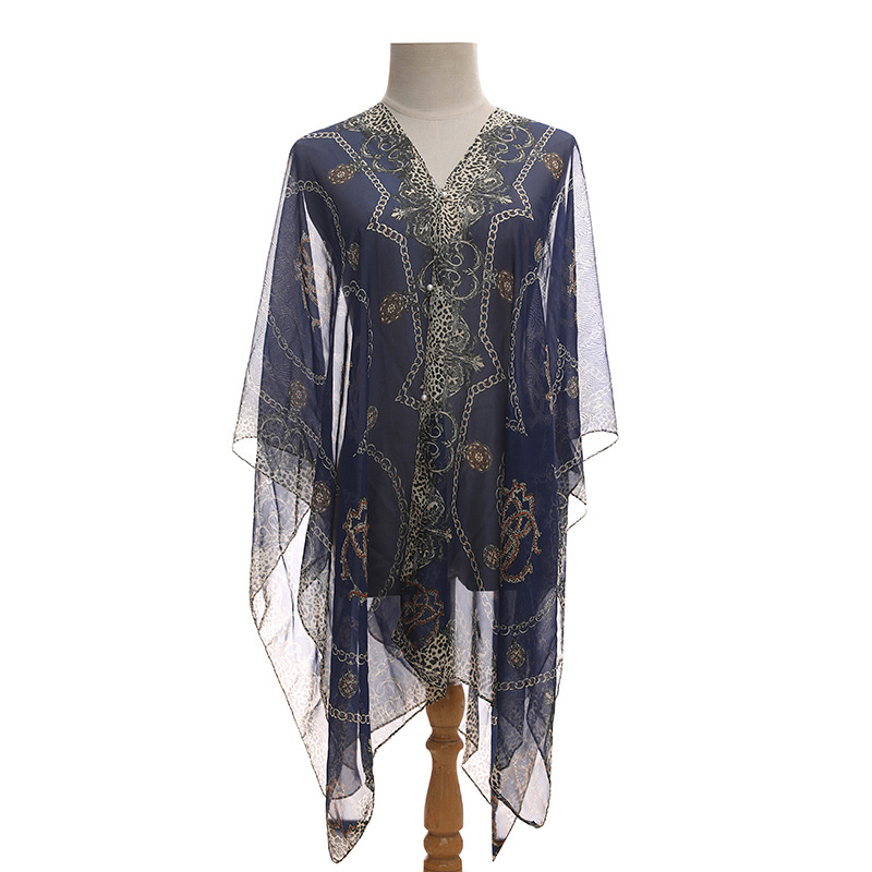 Summer Silk Scarf Women Chiffon Chain Print Beach Towel Sun Protection Shawl
