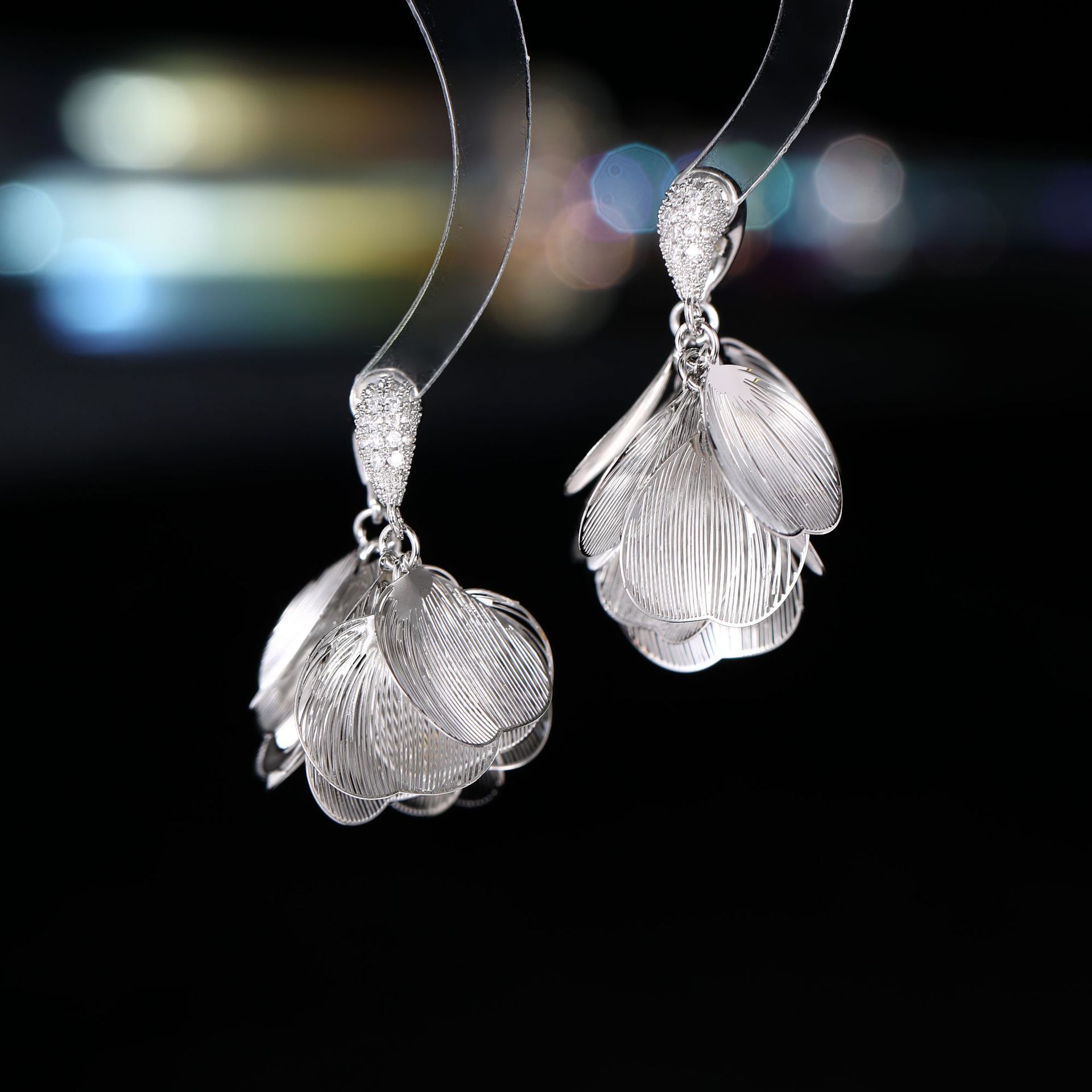 s925 Silver Needle Super Fairy Wire-Drawn Large Petal Zircon Earrings Back-Hanging Earrings