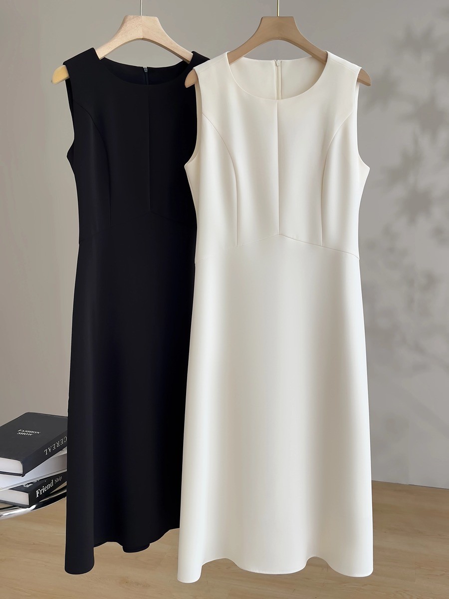 TH tailored acetate Hepburn style dress spring waist commuter sleeveless vest dress long