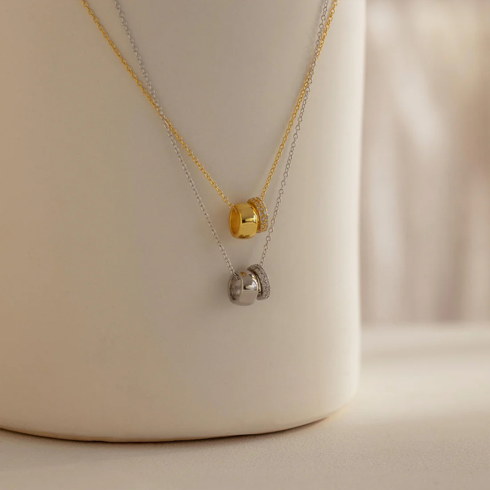 eManco New Stainless Steel Rhinestone Inlay Narrow Face Ring 14k Wide Face Circle Double Pendant Necklace