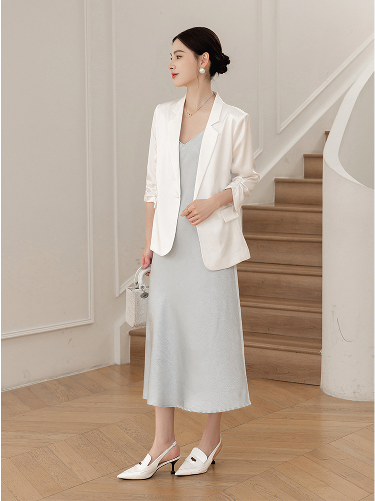 Acetate satin three-quarter sleeve suit jacket 2026 summer solid color blazer women