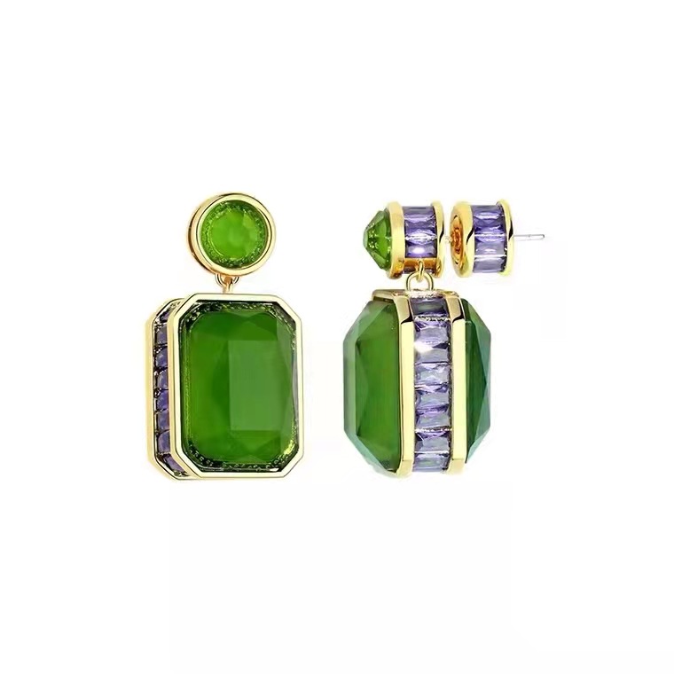 Long gemstone inlaid zircon earrings ear accessories Chinese style three-dimensional geometric earrings