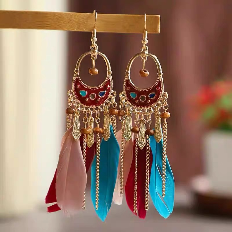Bohemian bead tassel earrings niche exaggerated earrings ethnic style long earrings women