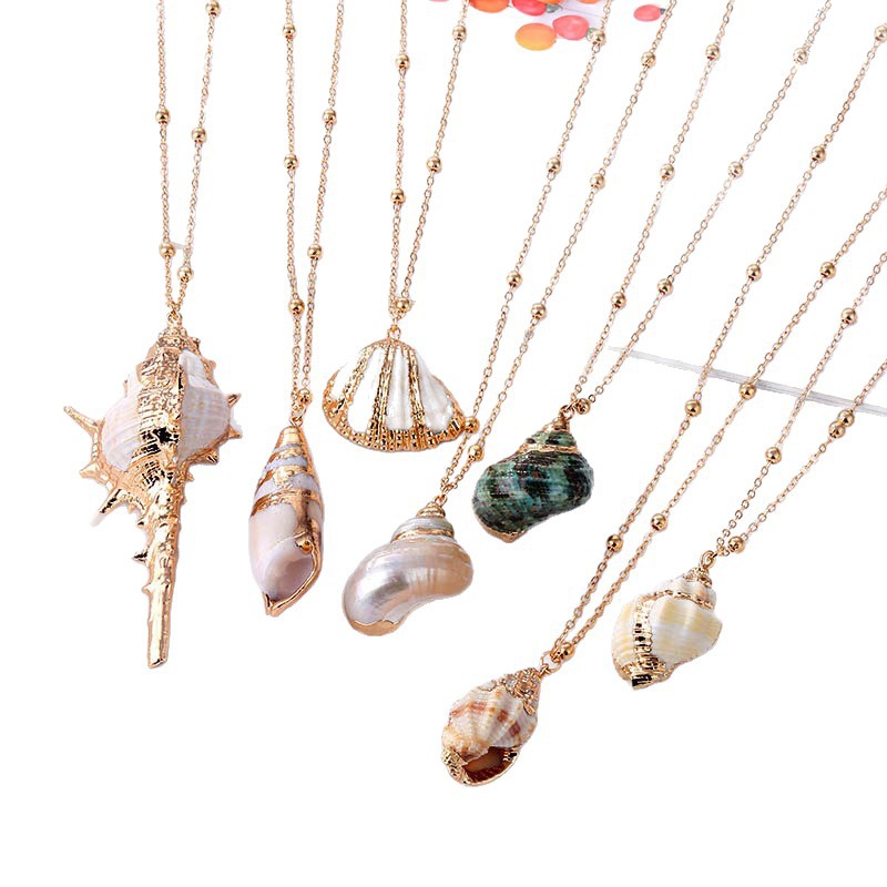 Natural Shell Niche Gold-Plated Edge Beach Marine Life Conch Shell Pearl Pendant Necklace Factory