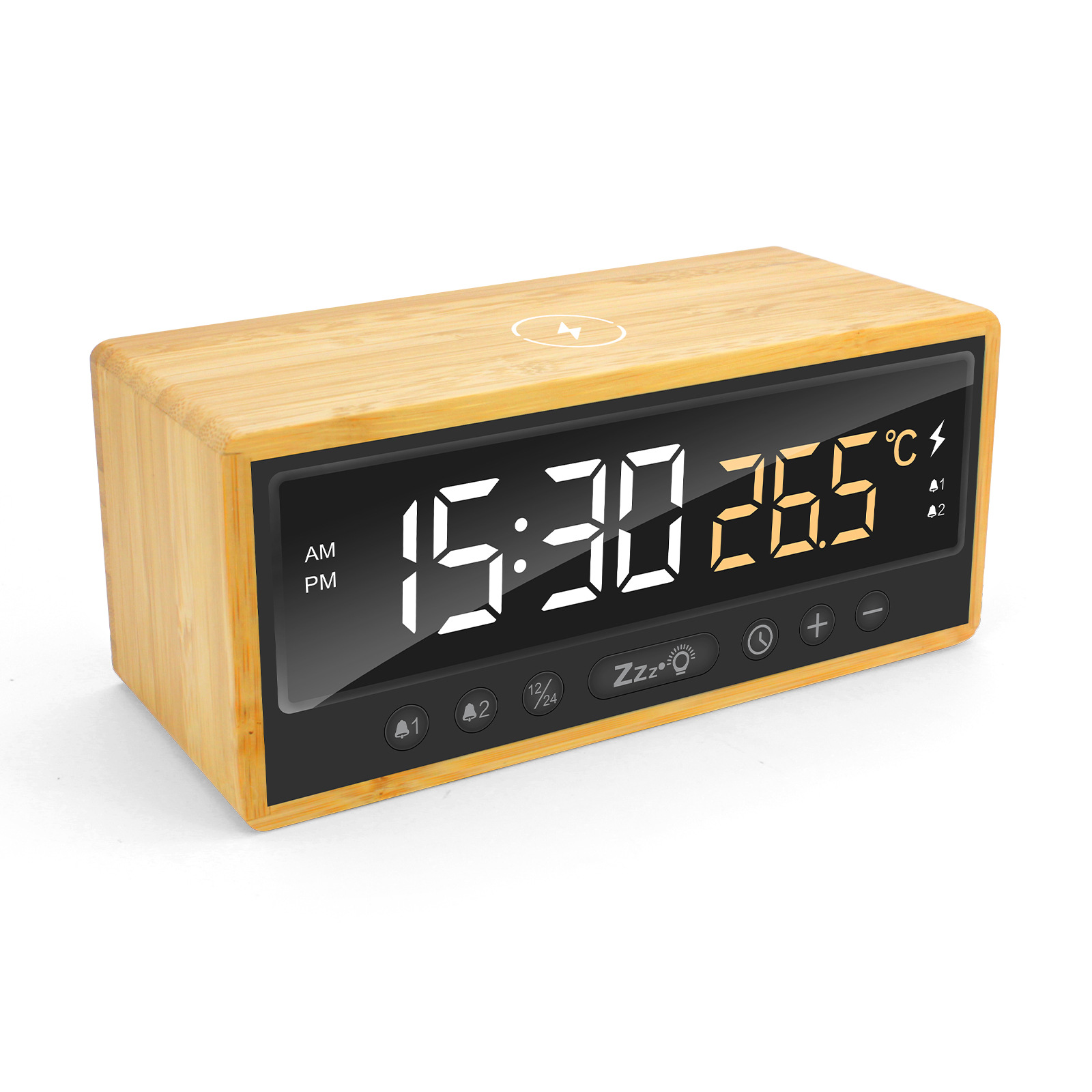 New eco-friendly bamboo wood three-in-one 15W wireless charger clock alarm temperature display brightness adjustment wireless charger