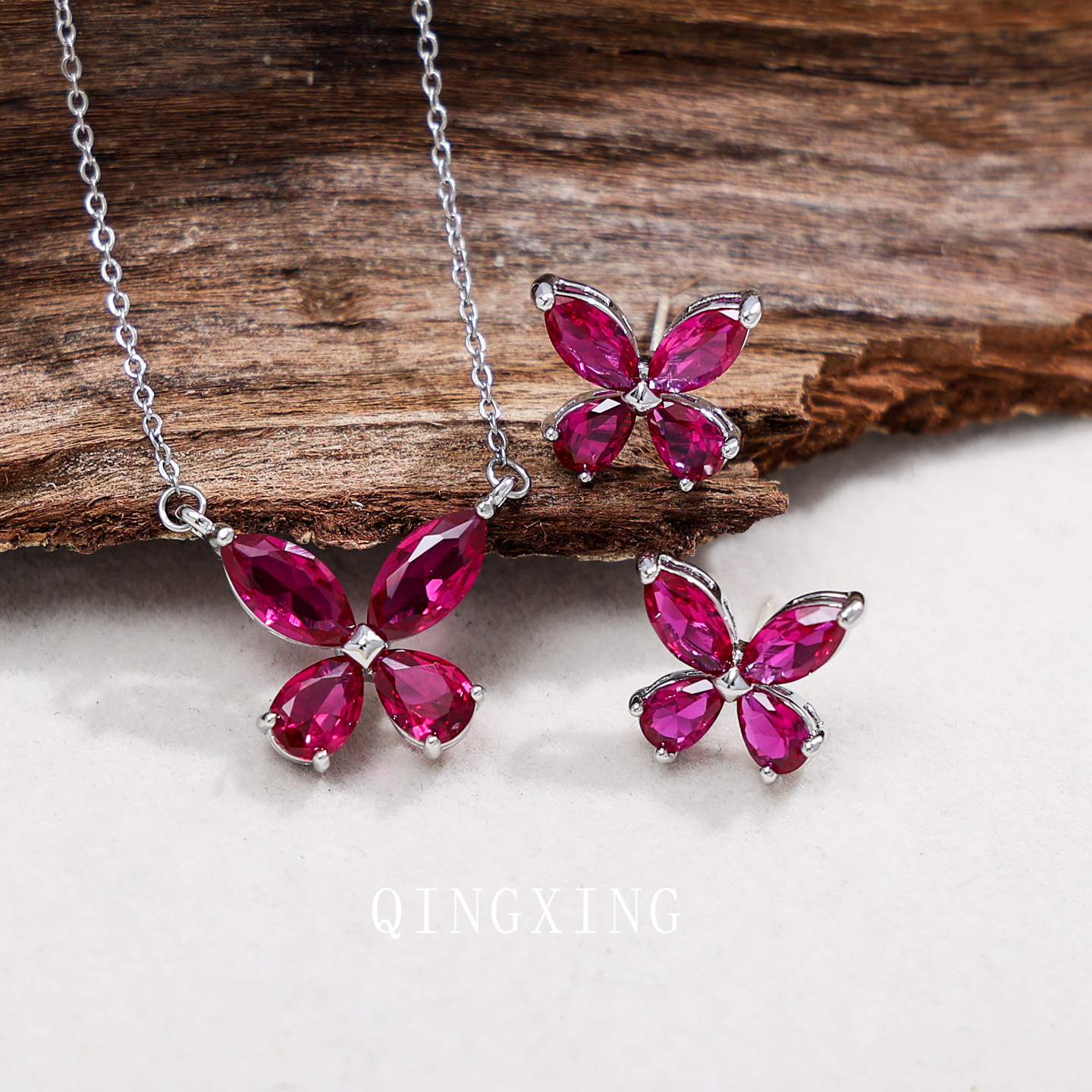 S925 Pure Silver Needle Red Corundum Spinel Butterfly Ear Studs Super Fairy Lake Green Pendant Collarbone Chain Women's Accessory