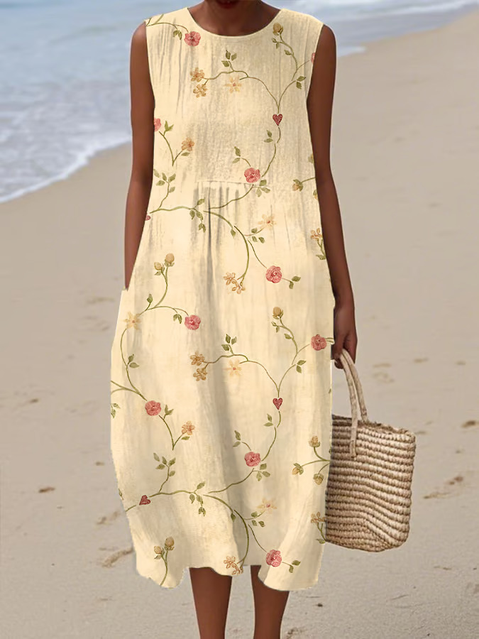 New Amazon Summer Sleeveless Pocket Casual Printed Long Dress Slim Fresh Style