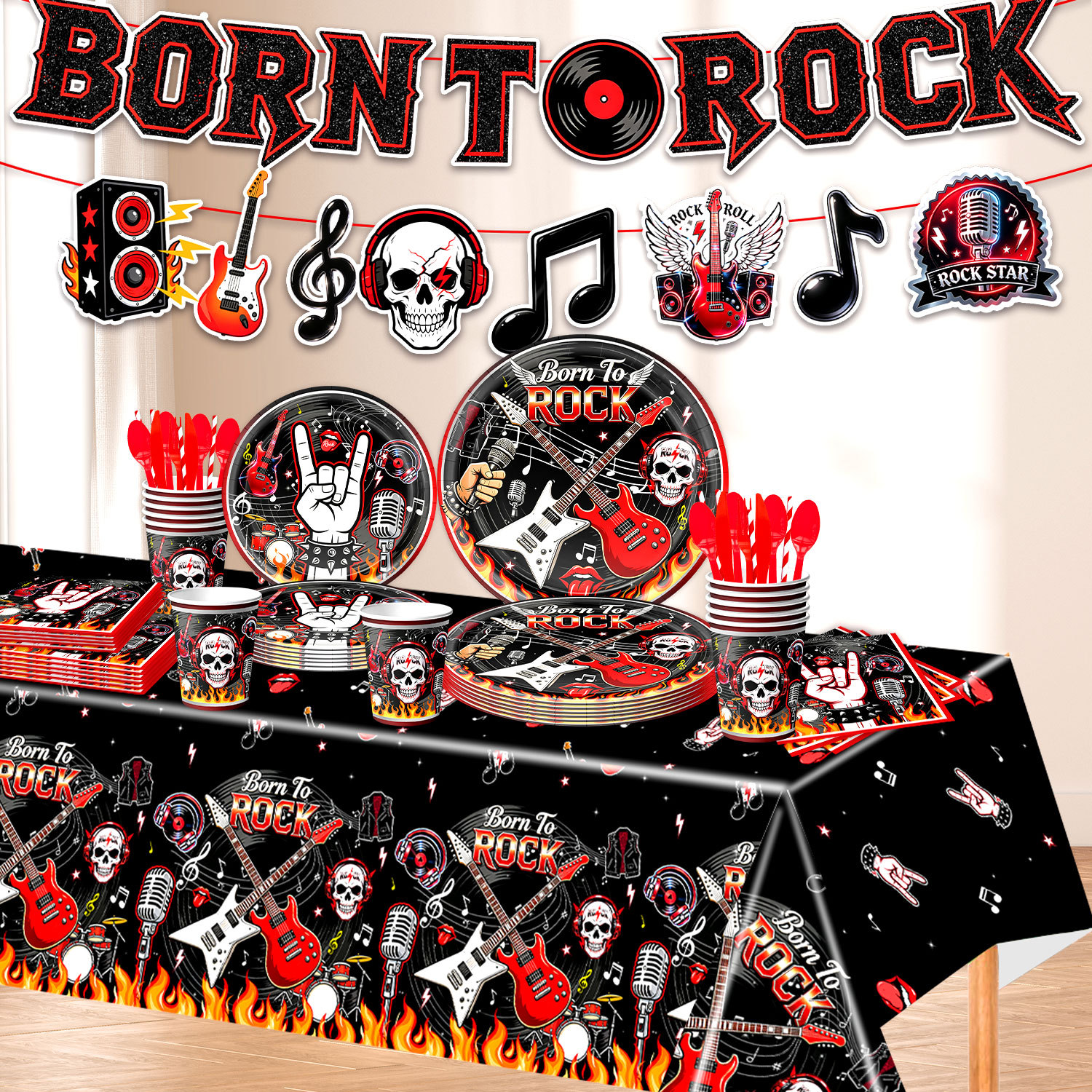 Rock Rock Skull Theme Birthday Party Set Disposable Paper Plate Paper Cup Tablecloth Bunting Flag Atmosphere Decoration
