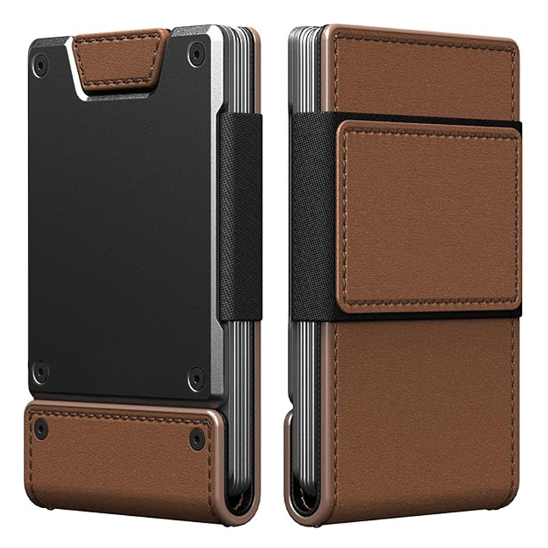 Metal Business Leather Card Holder Pull-out Aluminum Alloy RFID Anti-theft Card Sleeve Ultra-thin Card Clip