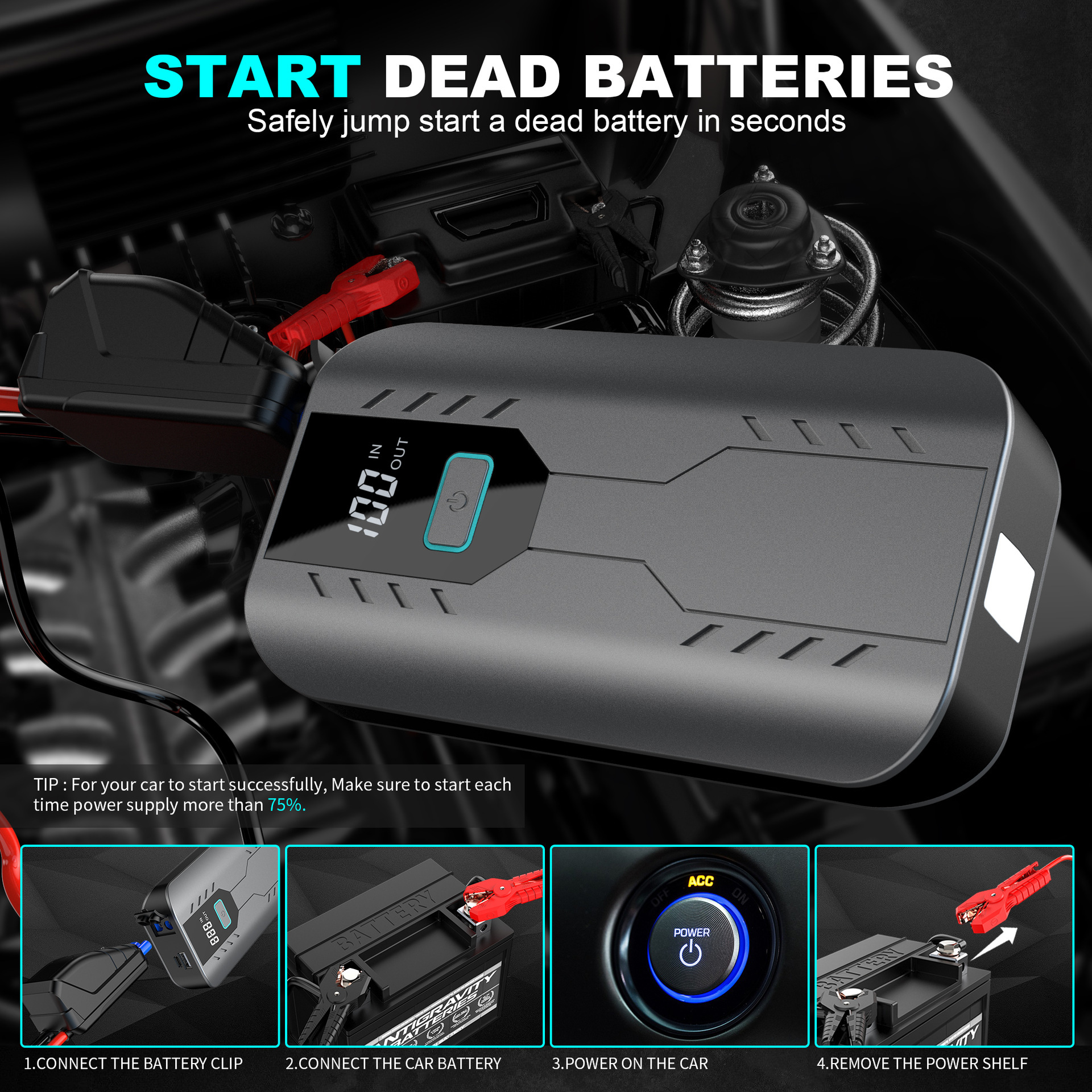 New 8000mAh Large Capacity Emergency Start Power Bank Jump Starter Multifunctional Booster