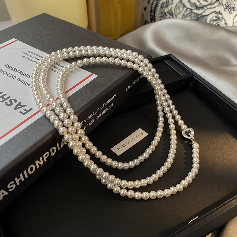 Swarovski-style small rice pearl imitation pearl necklace for women, autumn/winter neck chain, long layered sweater chain