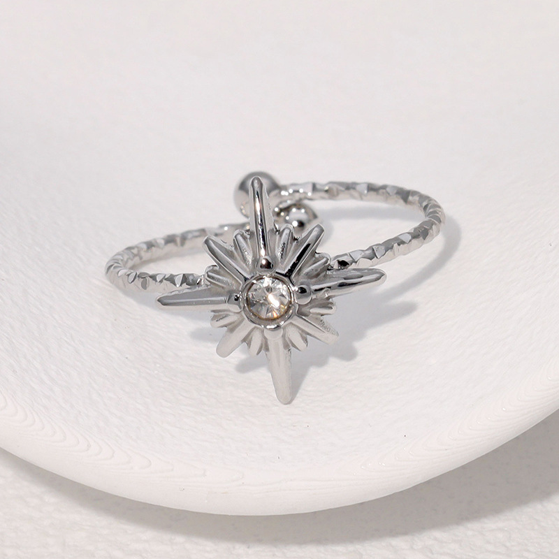 Diamond-set eight-pointed star simple star stainless steel open ring
